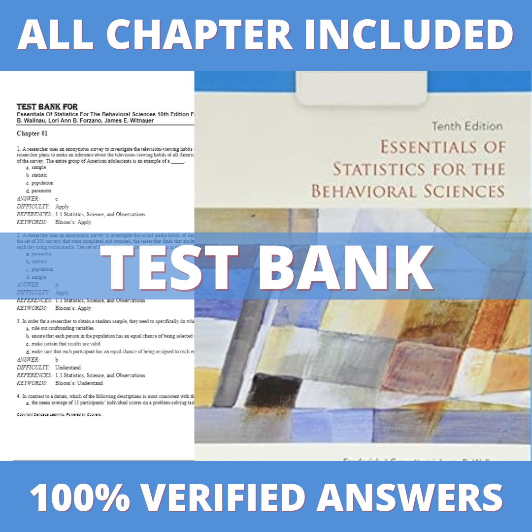 Test Bank for Essentials of Statistics for the Behavioral Sciences 10th Edition (Gravetter, 2021)