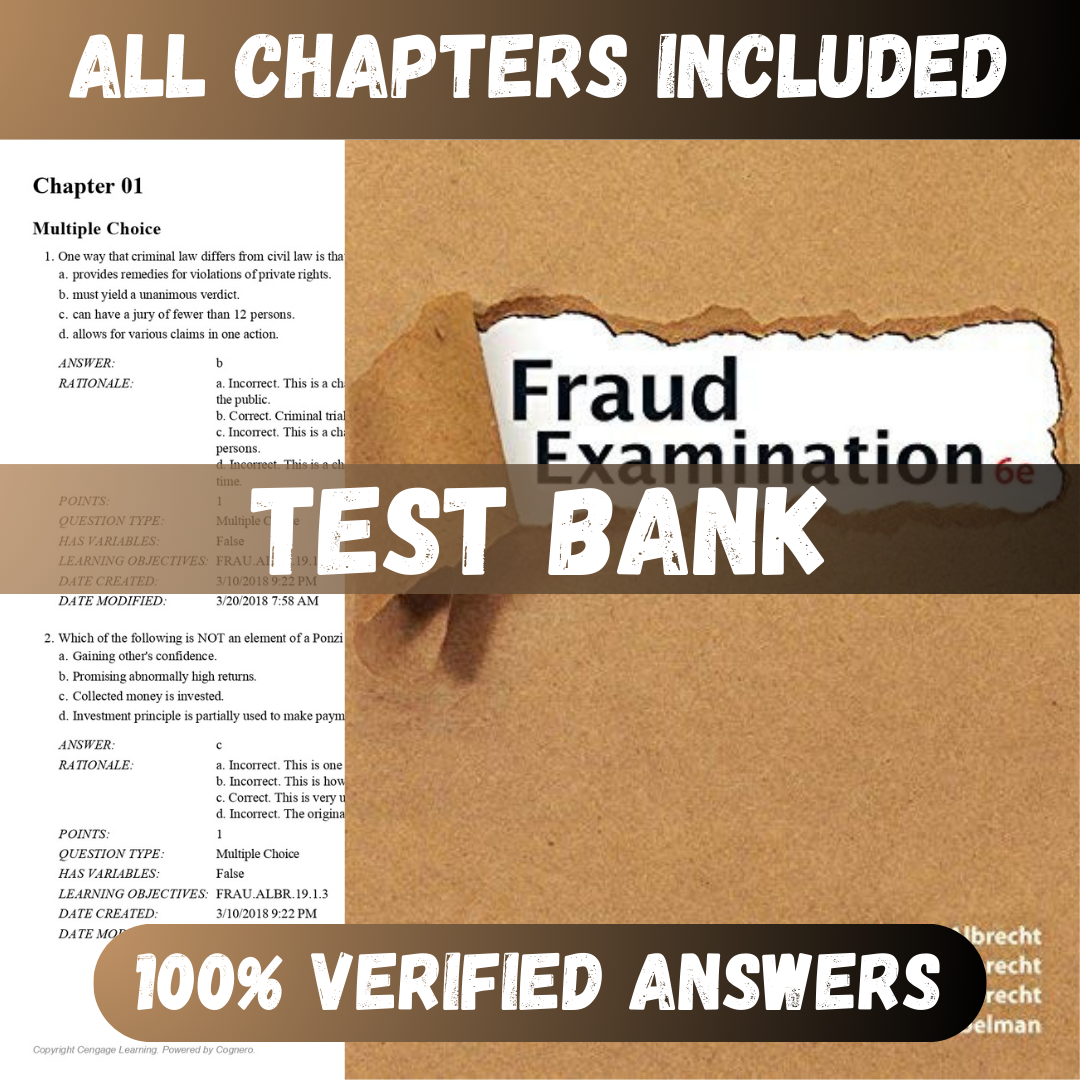 Test Bank Fraud Examination 6th Edition (Albrecht, 2018)