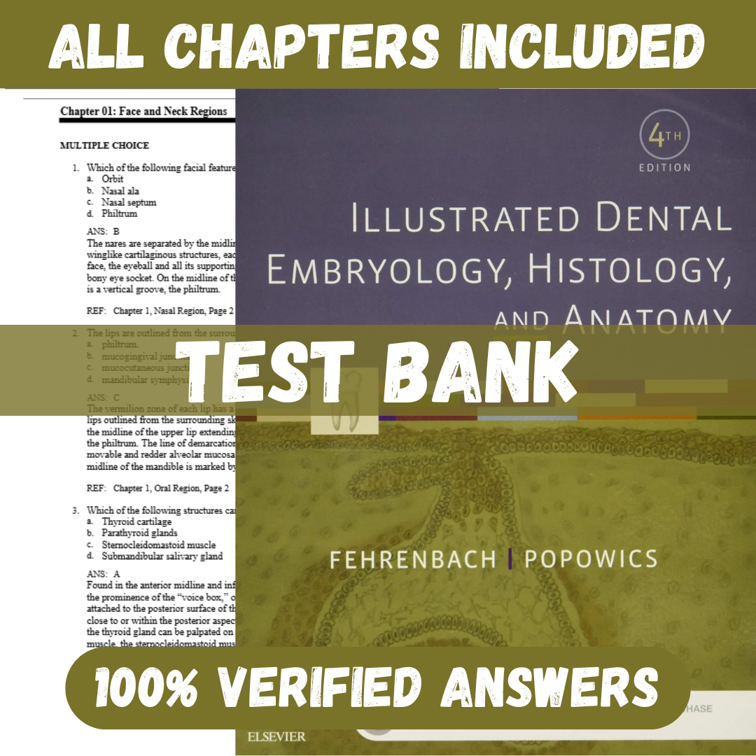 Test Bank for Illustrated Dental Embryology, Histology, and Anatomy 4th Edition by Fehrenbach