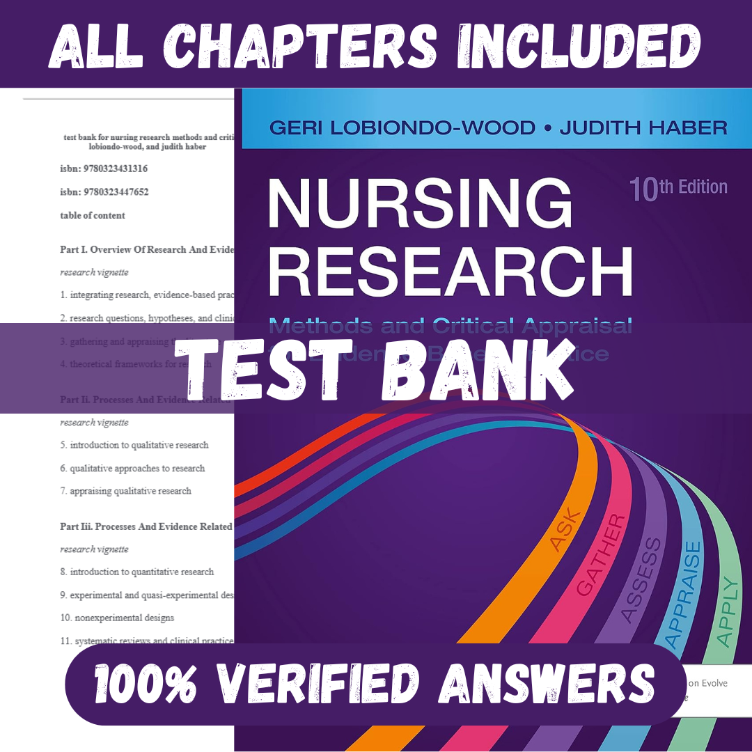 Test Bank for Nursing Research Methods and Critical Appraisal for Evidence-Based Practice 10th Edition by LoBiondo-Wood
