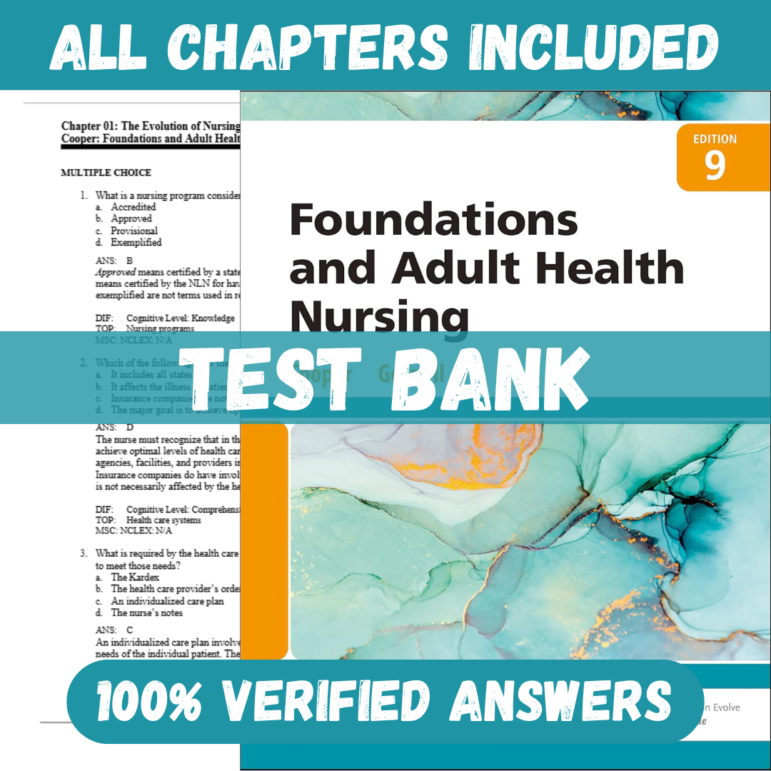 Test Bank - Foundations of Nursing, 9th Edition by Cooper
